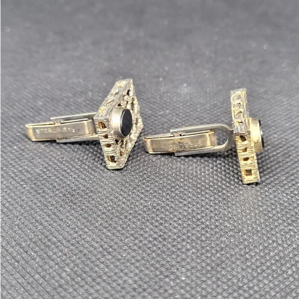Mid Century Sterling Silver‎ Black Glass Cufflinks Modernist Menswear